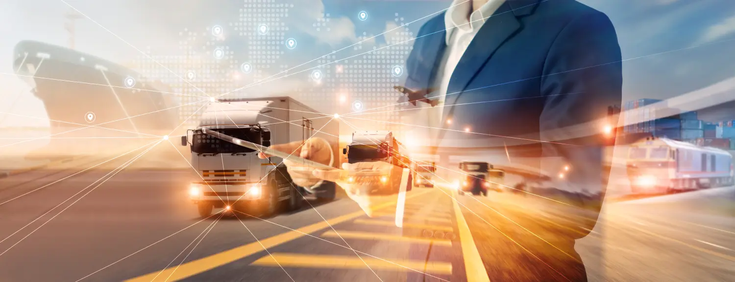 Geschäftsmann nutzt Tablet für Logistiknetzwerkverteilung und intelligenten Transport sowie die Vernetzung intelligenter Logistik von LKW- und Zugcontainerfrachtschiffen