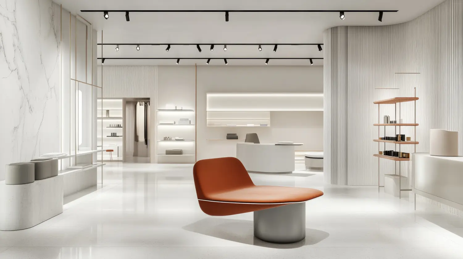Zeitgenössische Kaufhauspräsentation mit minimalistischem Stuhldesign